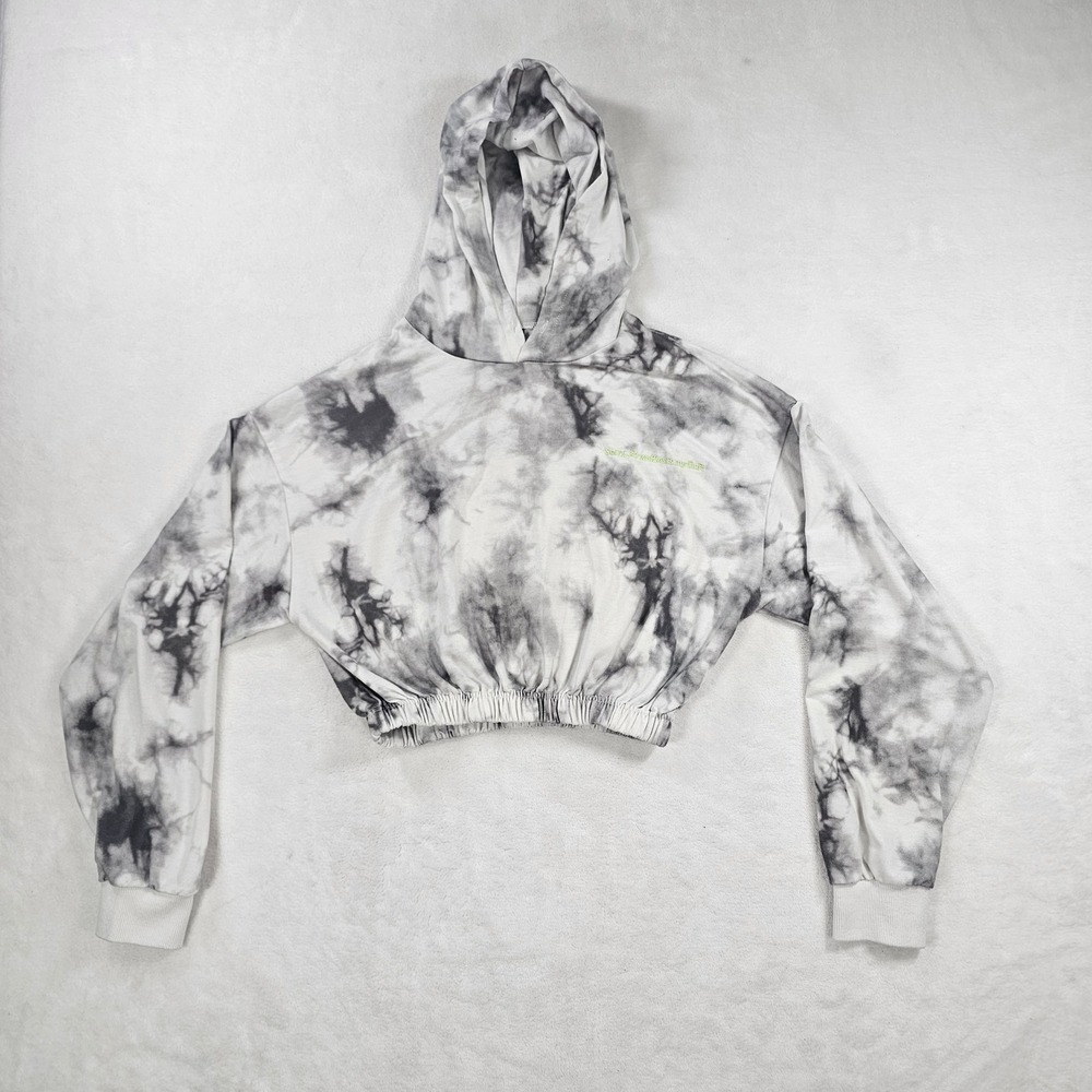 SHEIN Cropped Hoodie Womens Medium Grey White Excellent Tie Dye Graphic Pullover